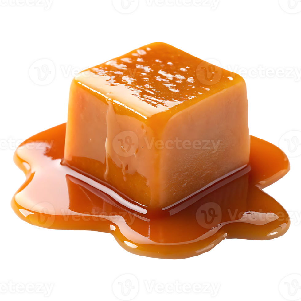 Single caramel candy with melted caramel sauce png