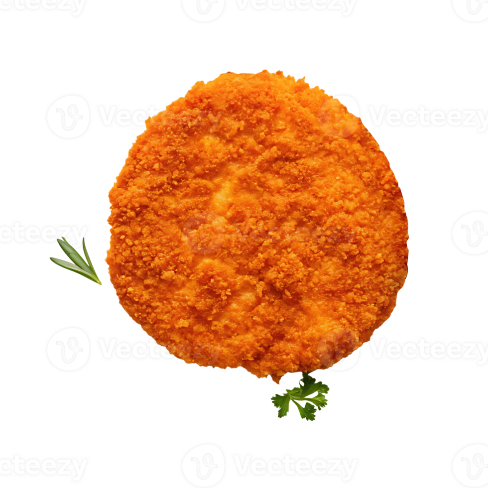 Crispy breaded chicken cutlet, top view. png