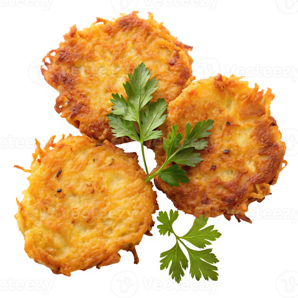 Delicious golden brown potato pancakes, garnished with fresh parsley. png