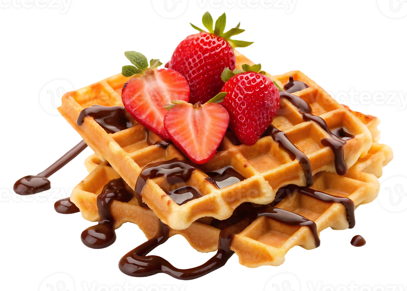 Delicious waffles with strawberries and chocolate sauce png