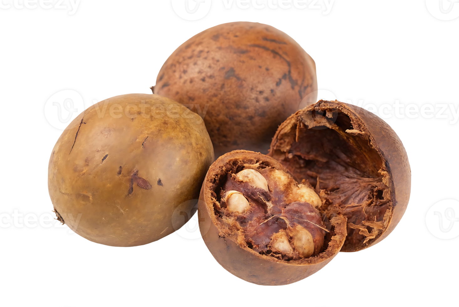 Close up of three monk fruit, one broken open to reveal the seeds. png