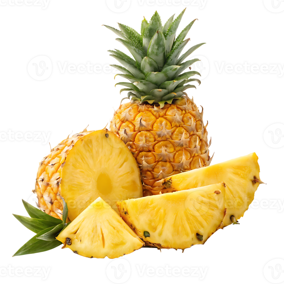 Fresh pineapple slices and whole fruit. png