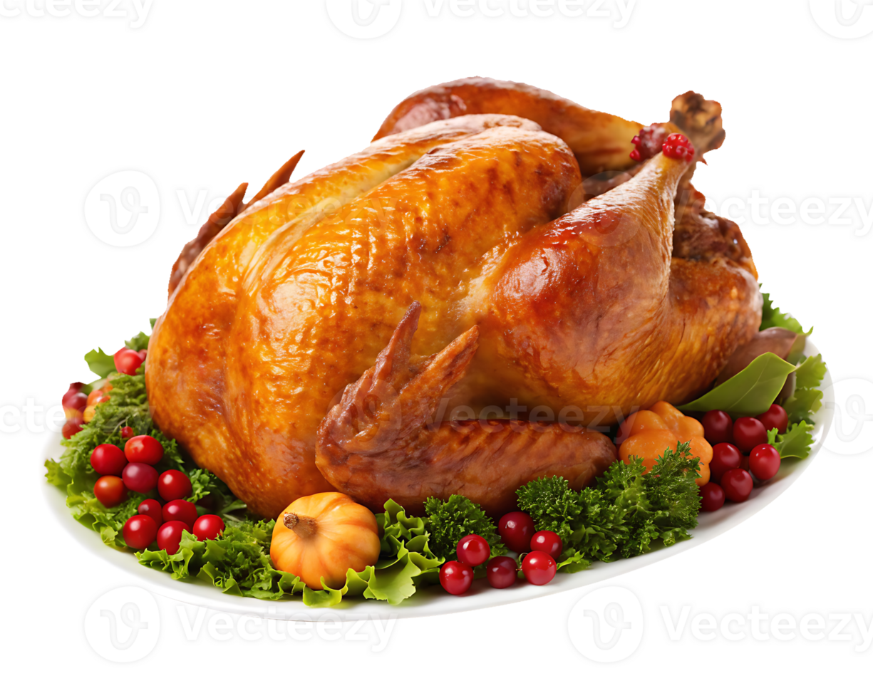Delicious roasted turkey garnished with cranberries and herbs. png