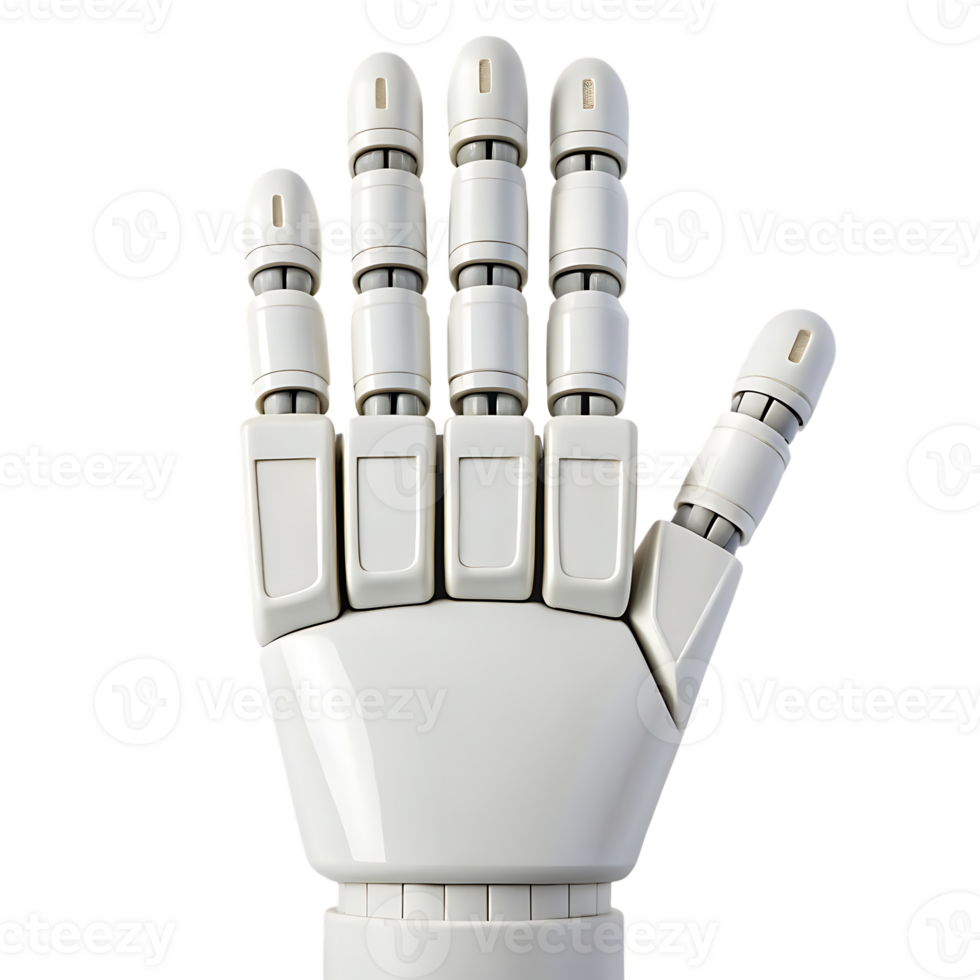 Close up of a robotic hand, white, metallic. png