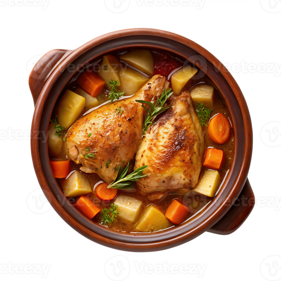 Delicious chicken stew with potatoes and carrots in a rustic pot. png