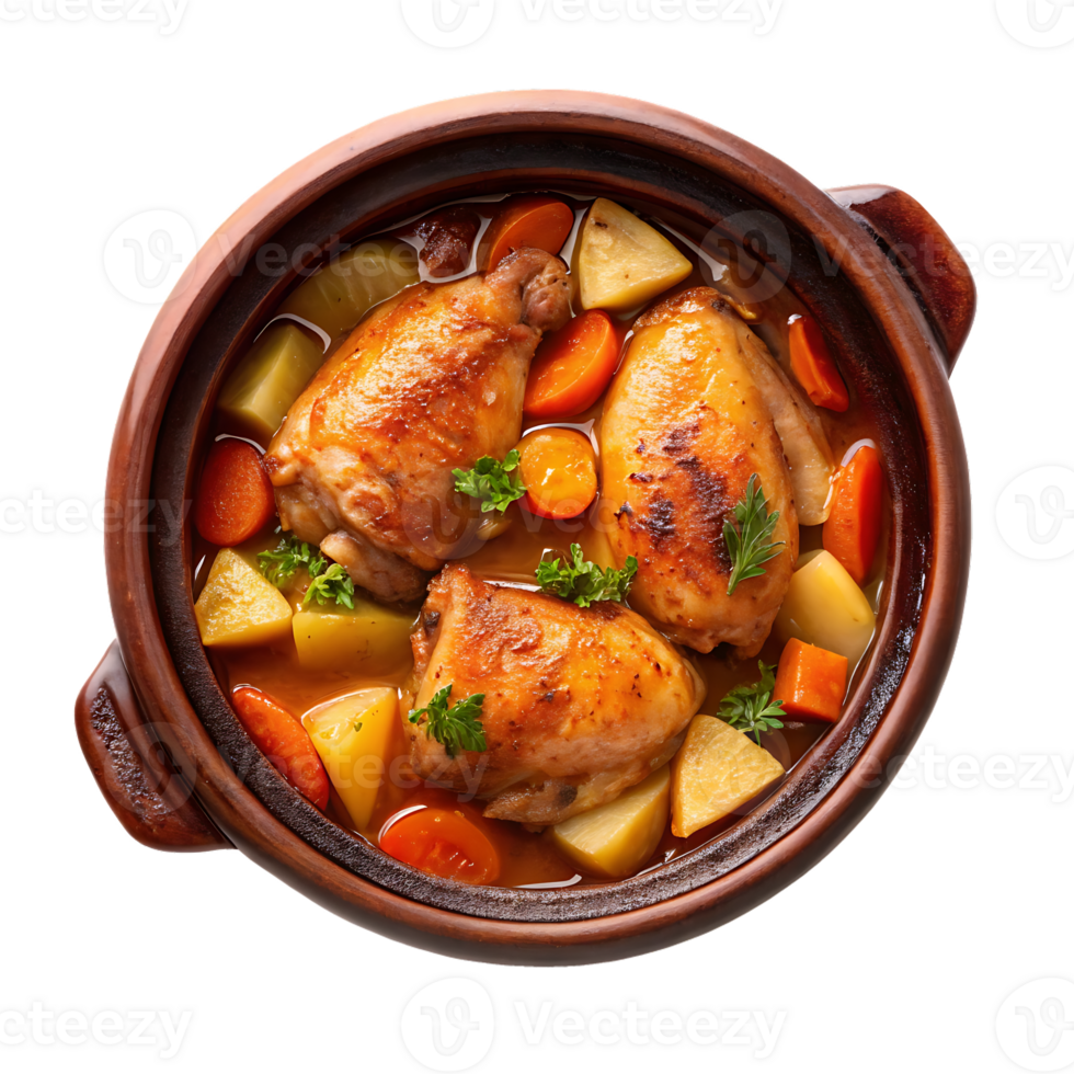 Delicious chicken stew in a rustic pot png