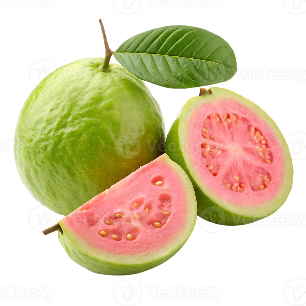 Fresh guava fruit with leaves, sliced and whole. png