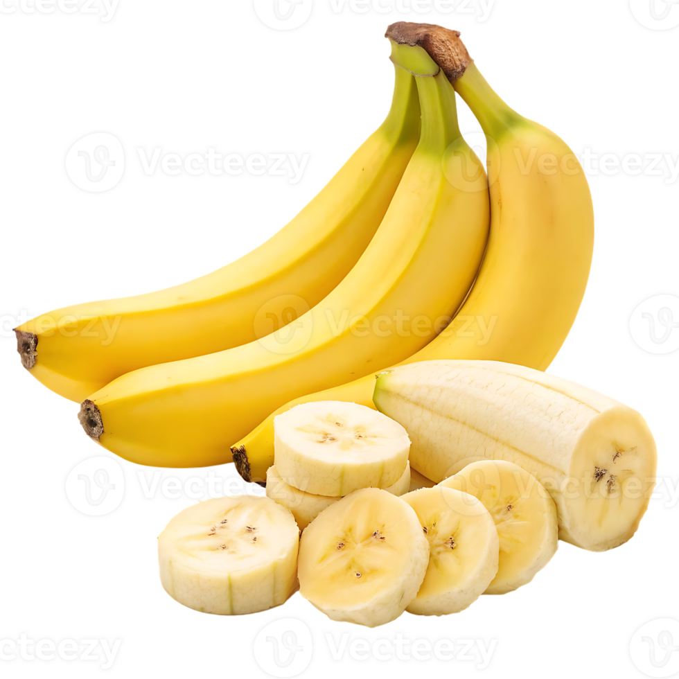 Fresh yellow bananas, whole and sliced. png