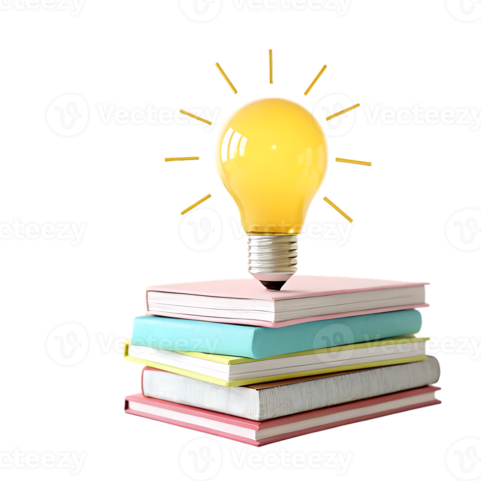 Lightbulb idea on stack of books. Education, knowledge, learning concept. png