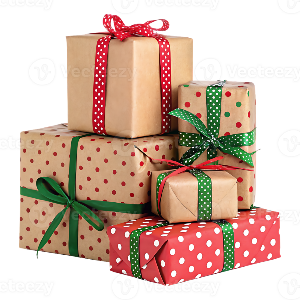 Stack of Christmas gifts wrapped in red and green polka dot paper. png
