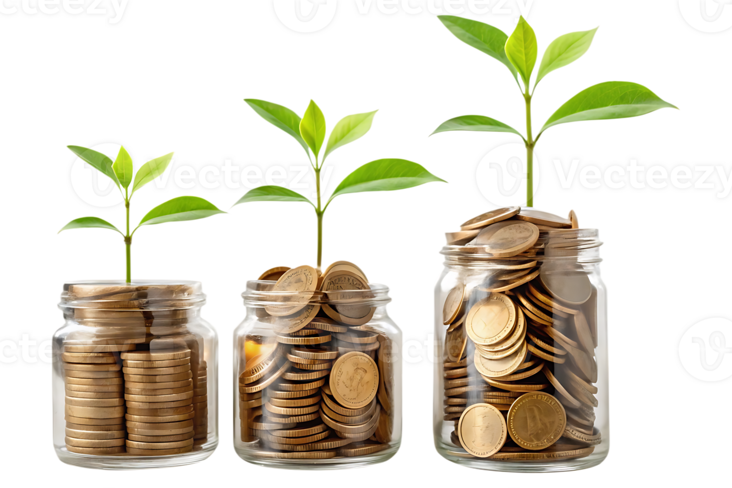Growing money concept. Coins in jars with plants. png
