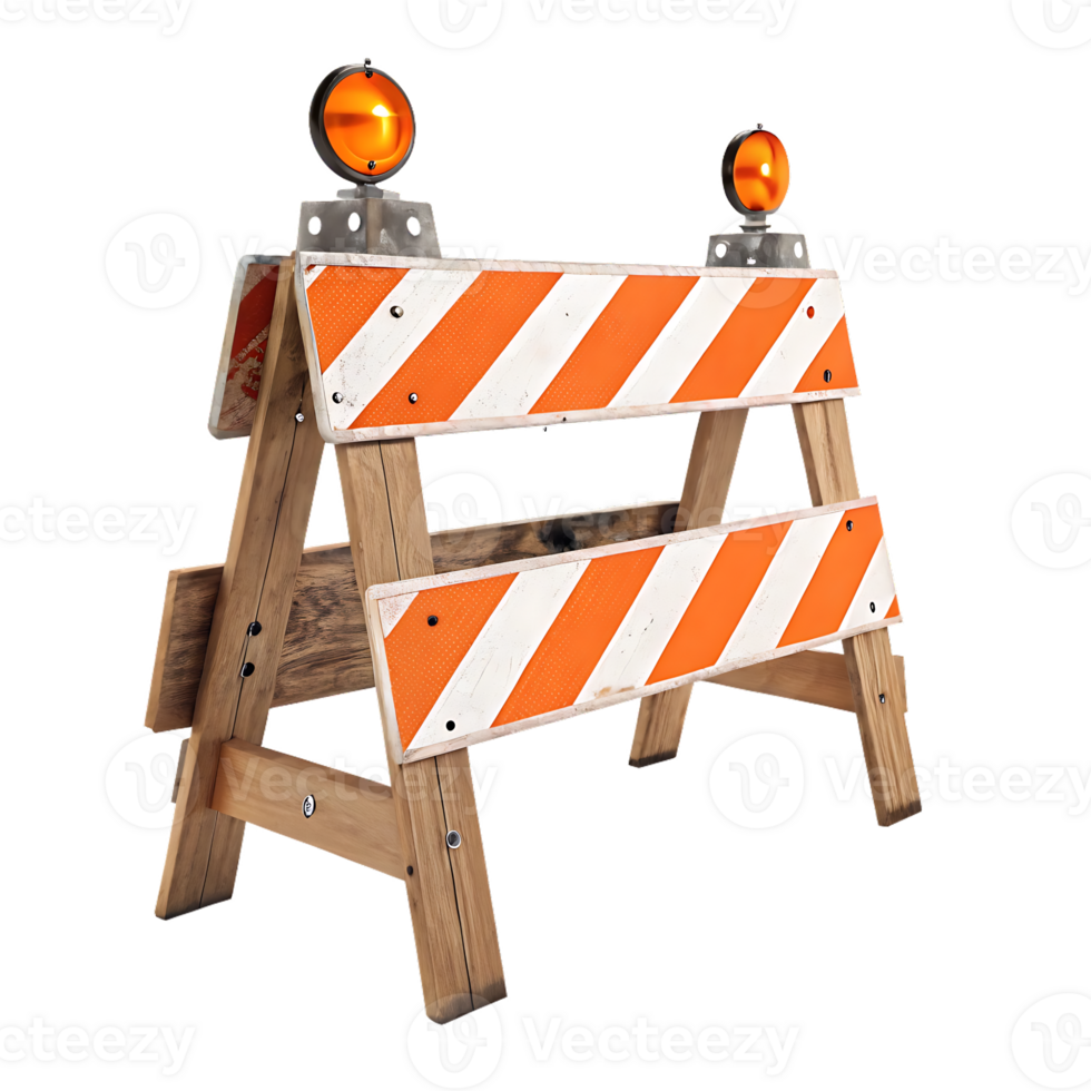 Wooden barricade with orange and white stripes. png
