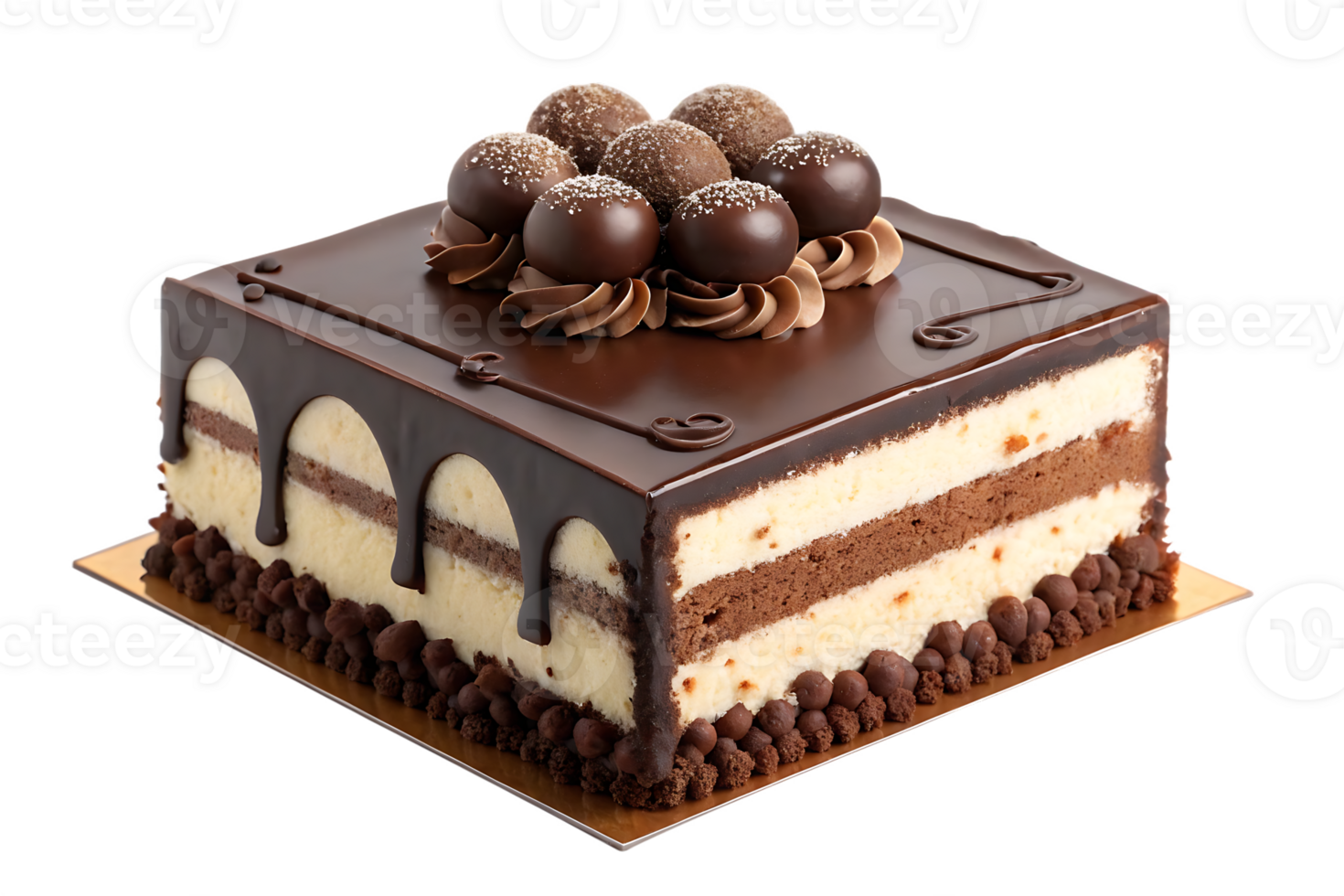 Delicious chocolate cake decorated with chocolate balls and ganache. png