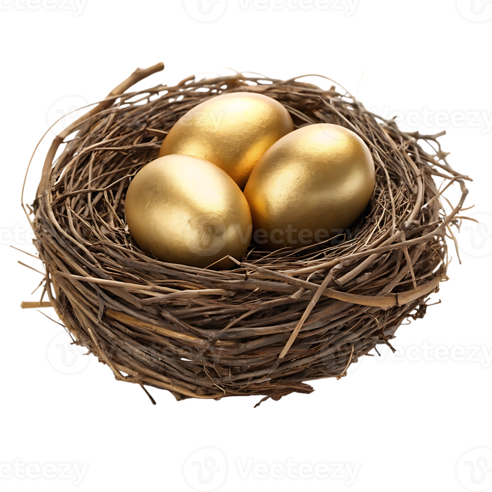 Three golden eggs in a bird's nest. Concept of wealth, savings, investment, and security. png