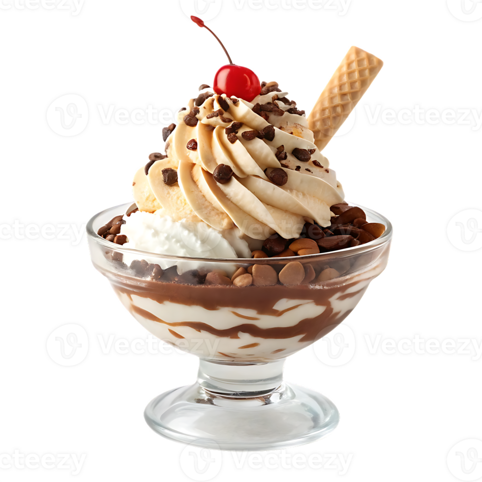 Delicious sundae with chocolate sauce, nuts, and whipped cream. png