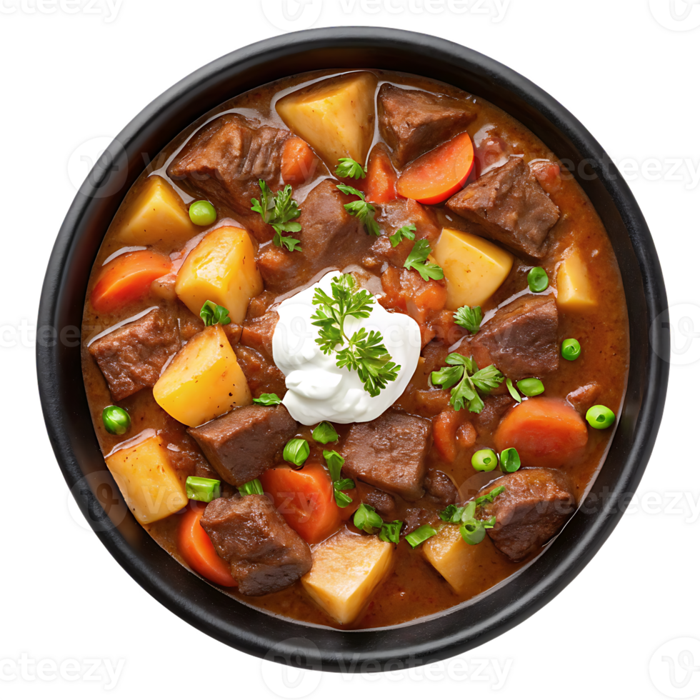 Delicious beef stew with potatoes, carrots, and peas. png