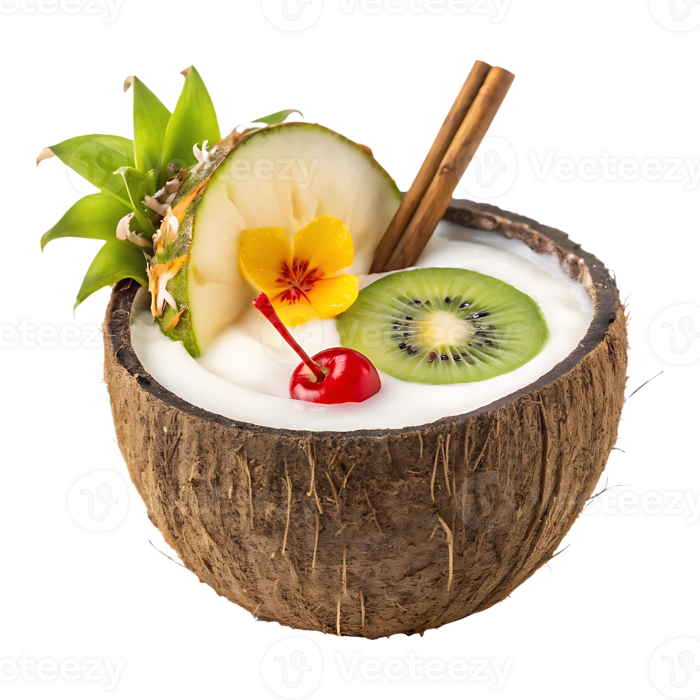 Tropical fruit cocktail in coconut png