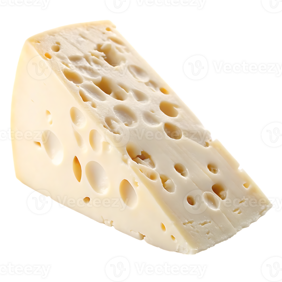 Close up of a wedge of Swiss cheese, showcasing its characteristic holes. png
