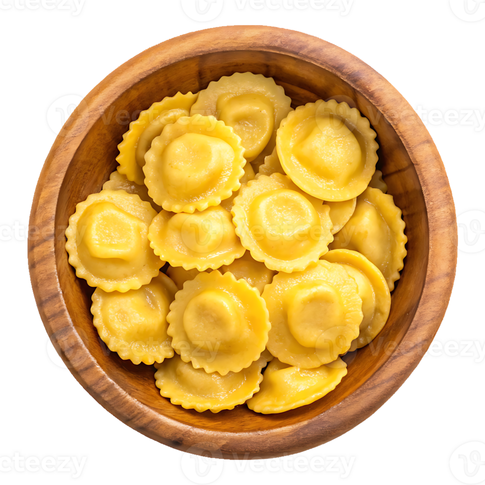 Ravioli in a wooden bowl, overhead shot. png