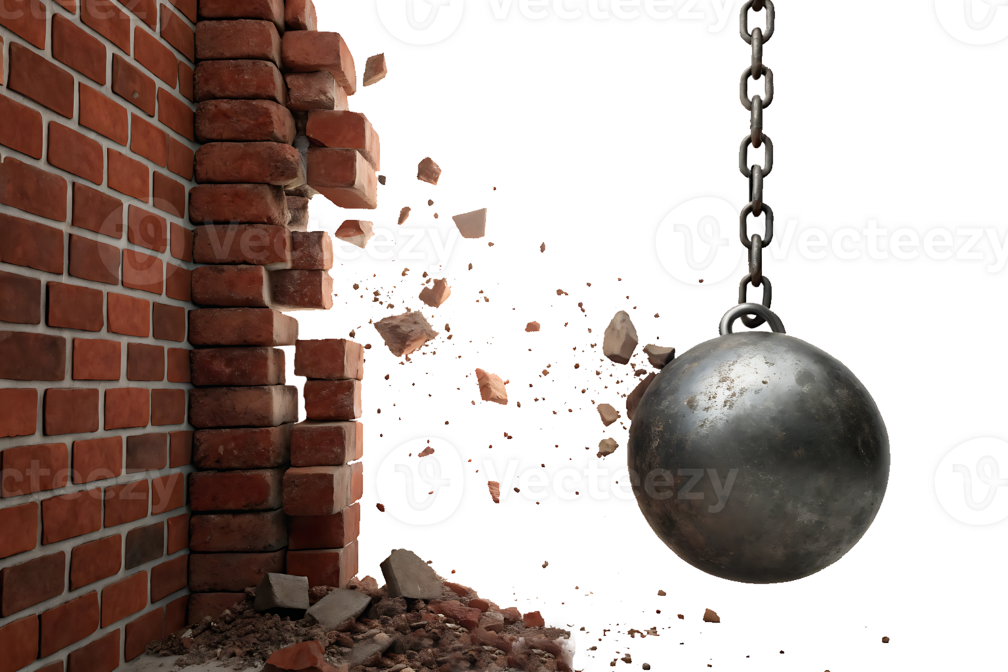 Wrecking ball smashing brick wall. Demolition, destruction, breakthrough concept. png