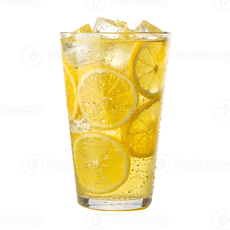 Glass of iced lemonade with lemon slices. png