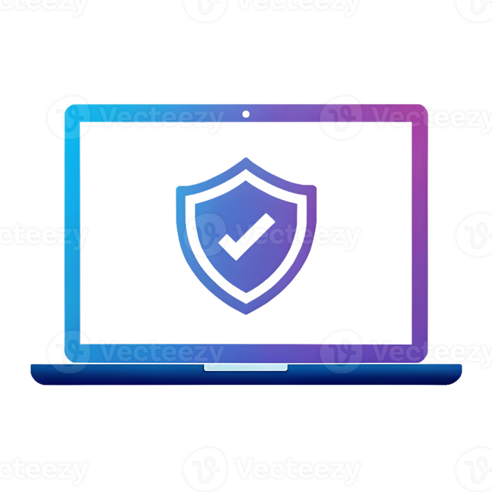 Laptop screen with a shield and checkmark, symbolizing online security and data protection. png