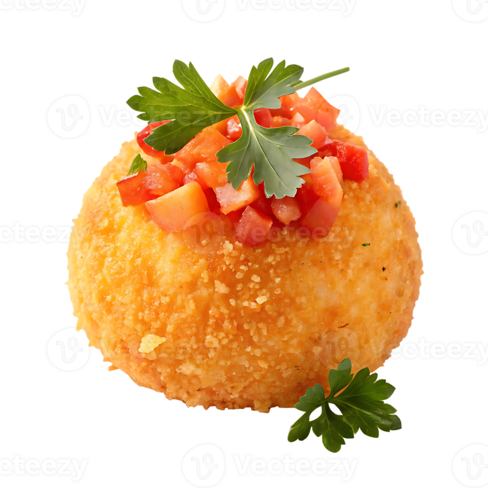 Crispy fried rice ball with tomato and ham topping. png