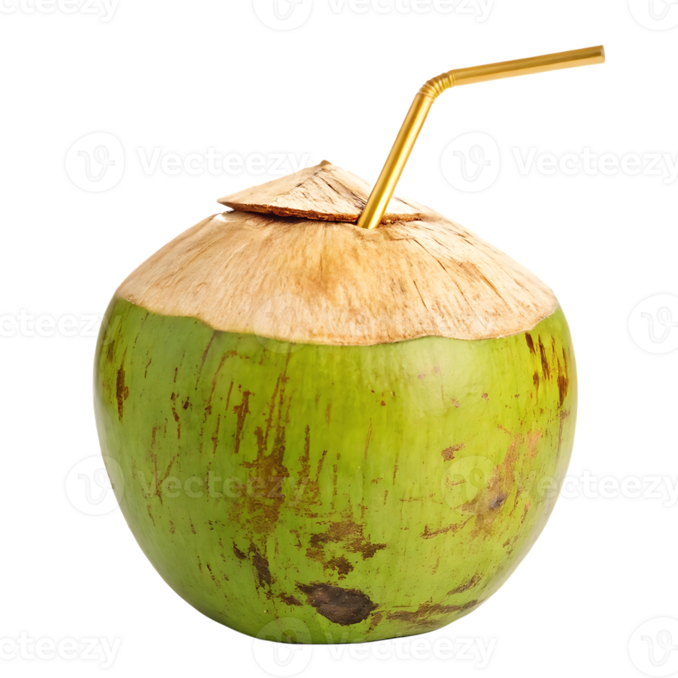 Refreshing young coconut water with a golden straw. png