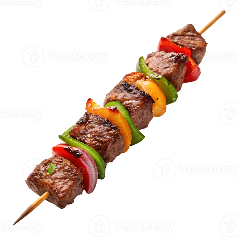 Delicious grilled beef kebab with bell peppers and onions. png