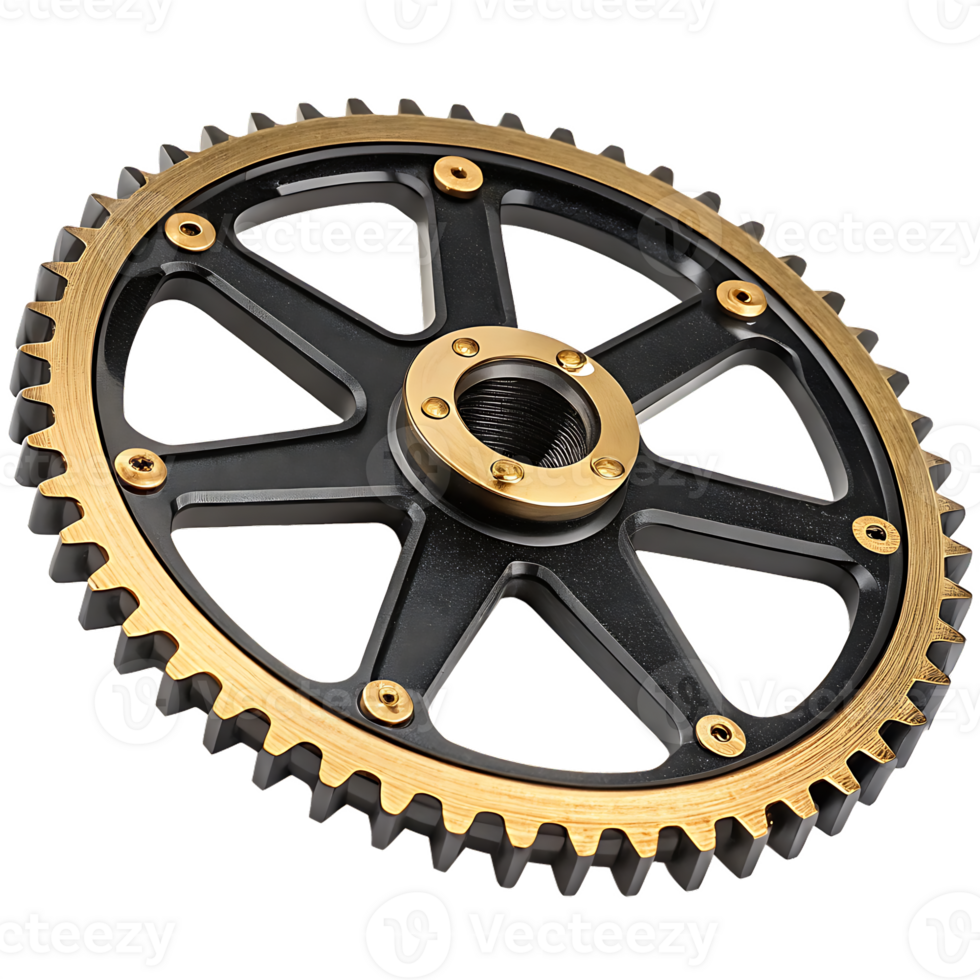 Close up of a large, intricate gear with black and gold accents. png