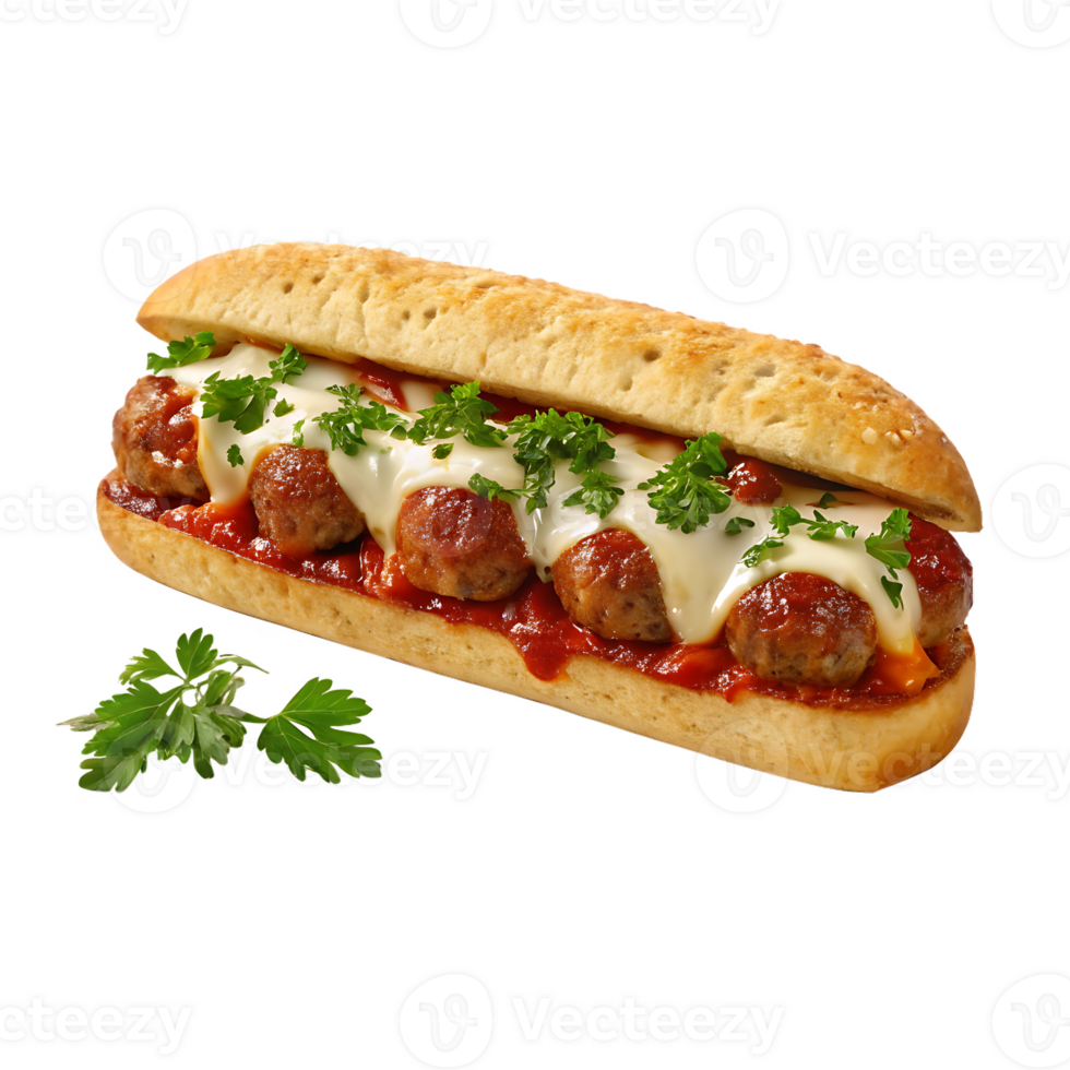 Delicious meatball sub with melted cheese and marinara sauce. png