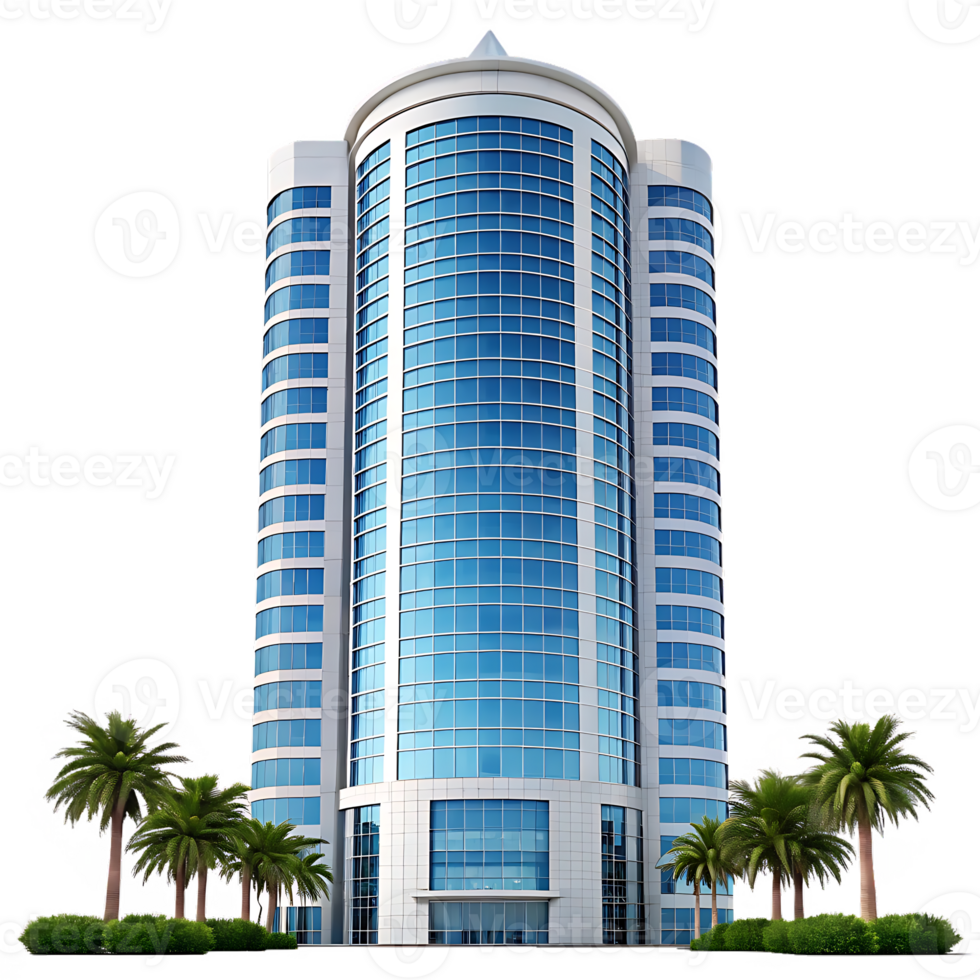Modern high rise building with palm trees. png