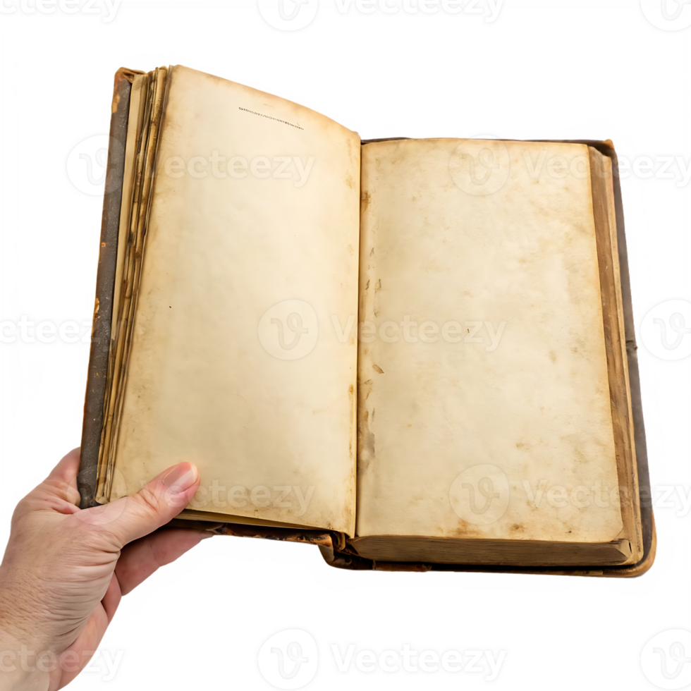 Hand holding an old, open antique book with blank pages. png