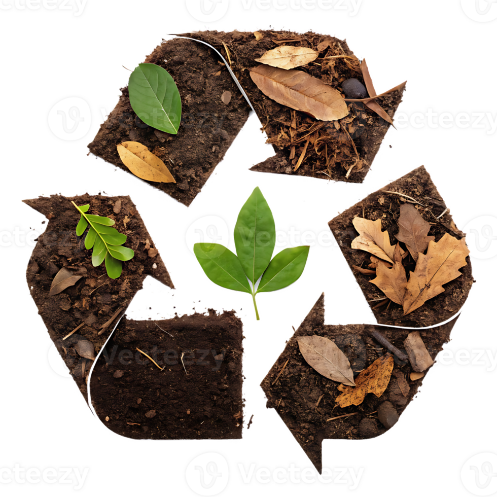 Recycle symbol made of soil and leaves. png