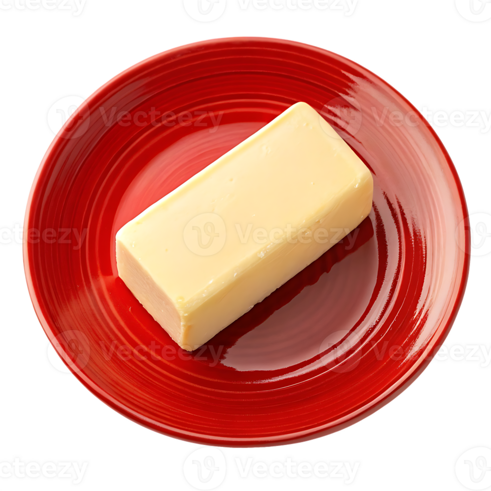 A stick of butter on a red plate. png