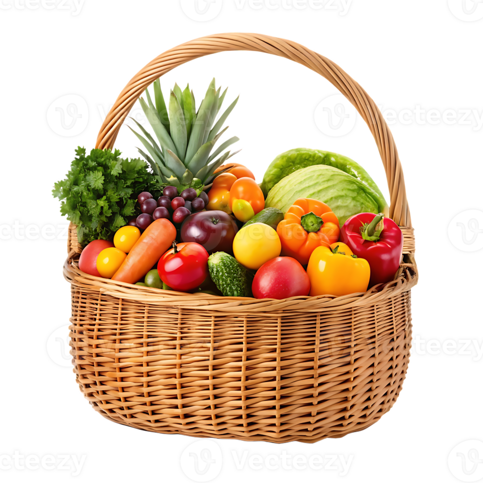 Full wicker basket of fresh fruits and vegetables. png