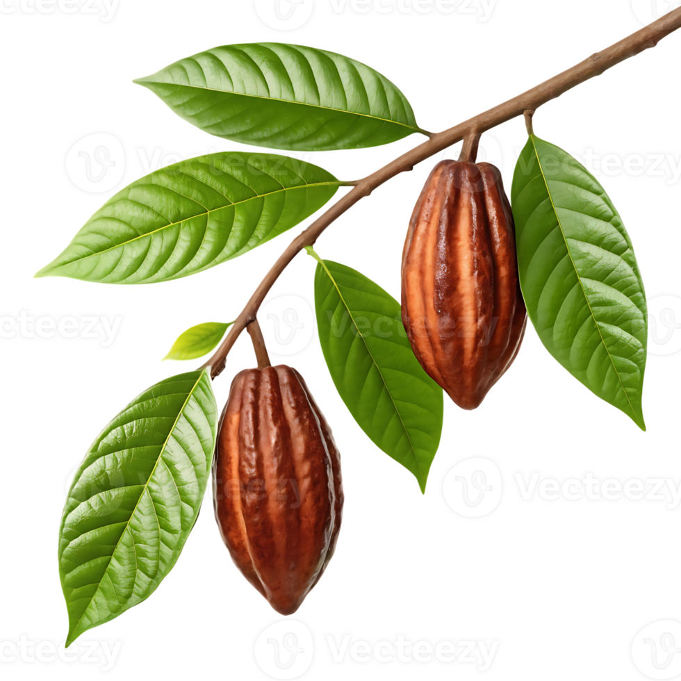 Cocoa pods on branch with leaves png