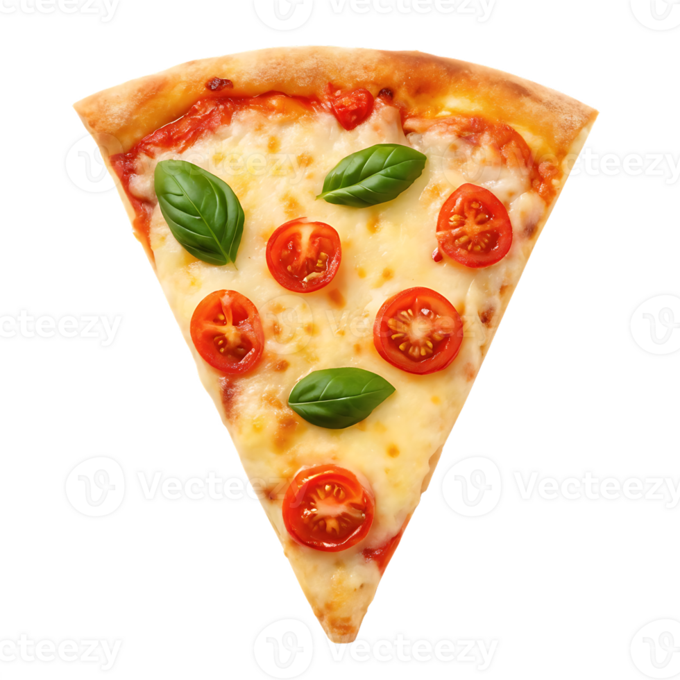 Delicious slice of Margherita pizza with fresh basil and tomatoes. png