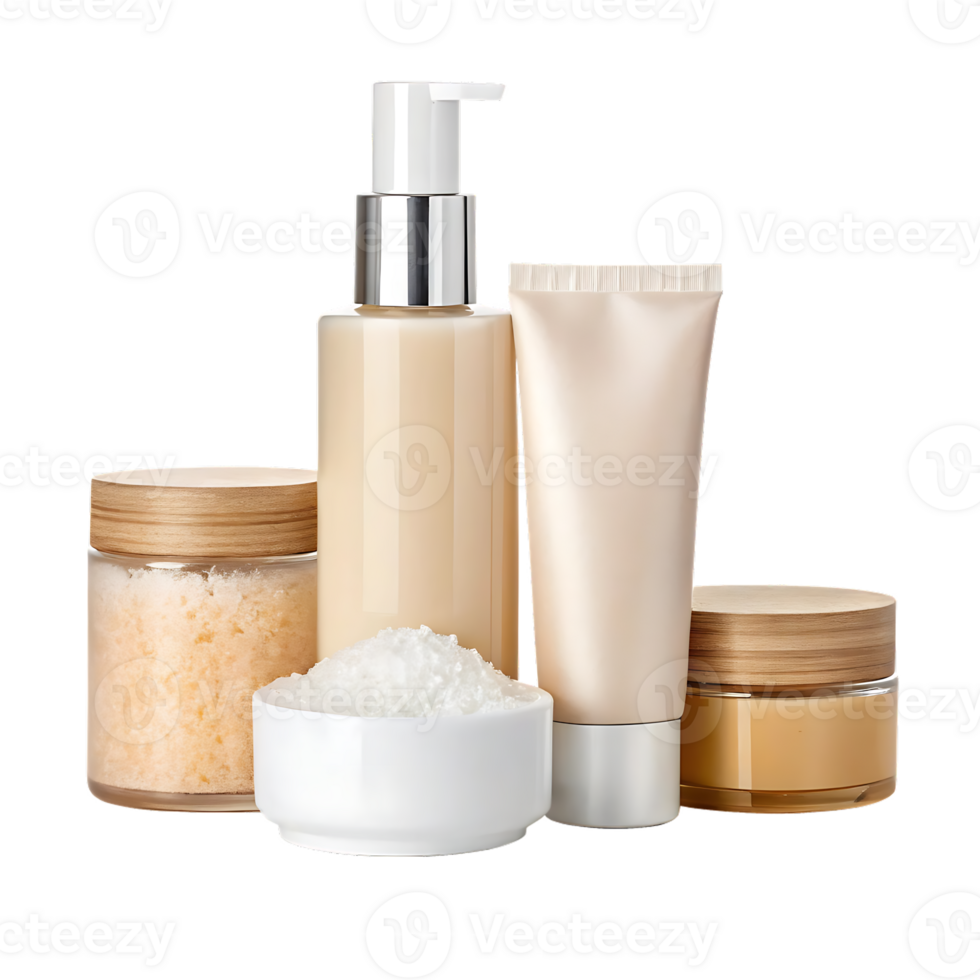Luxury skincare set with lotion, cream, and bath salts. png