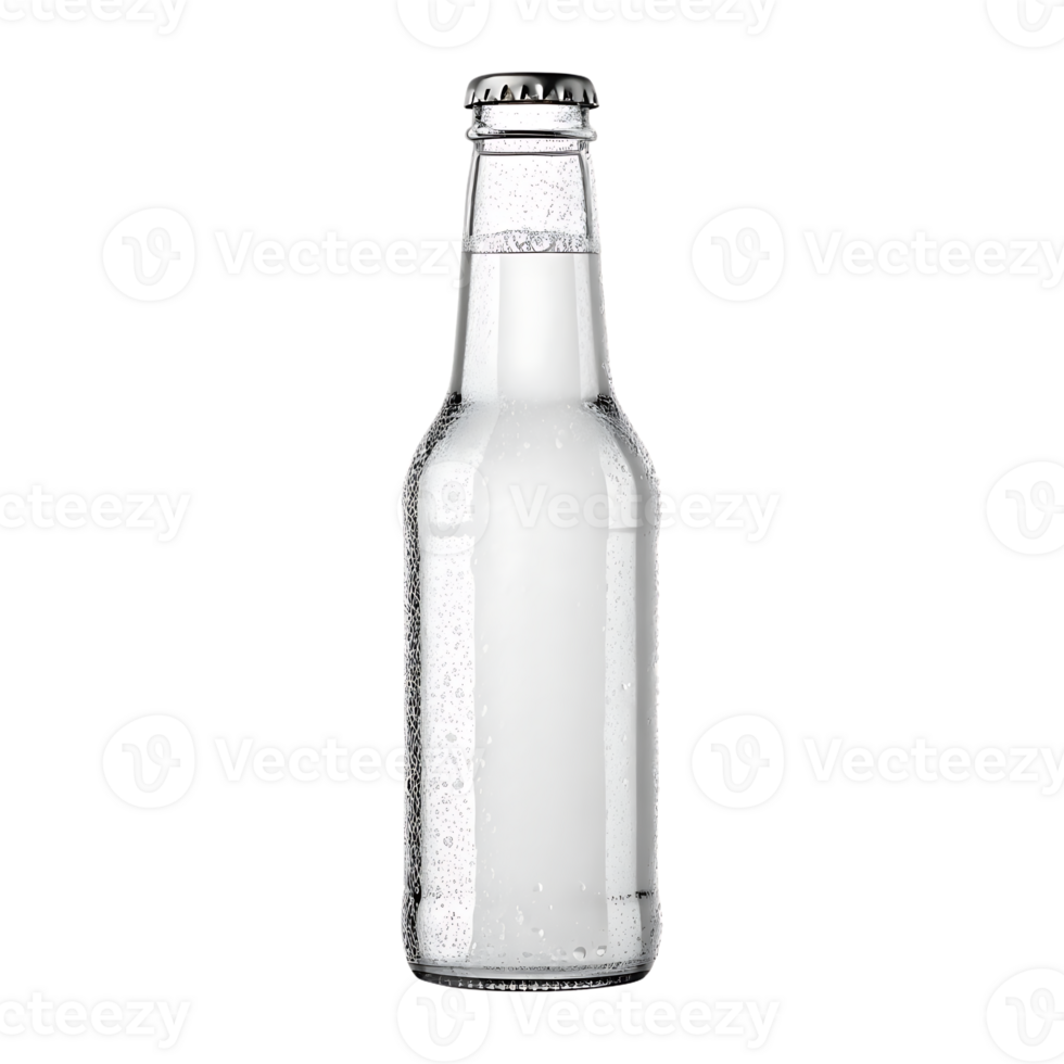 Clear glass bottle with a silver cap. png