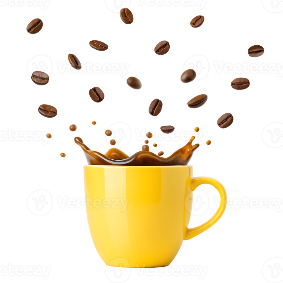 Coffee beans splashing into a yellow mug. png