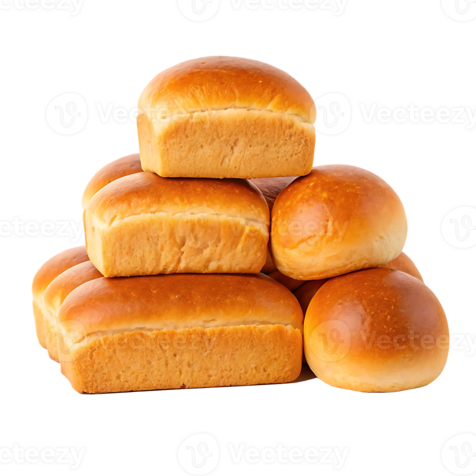 Stack of fresh bread loaves and rolls. png