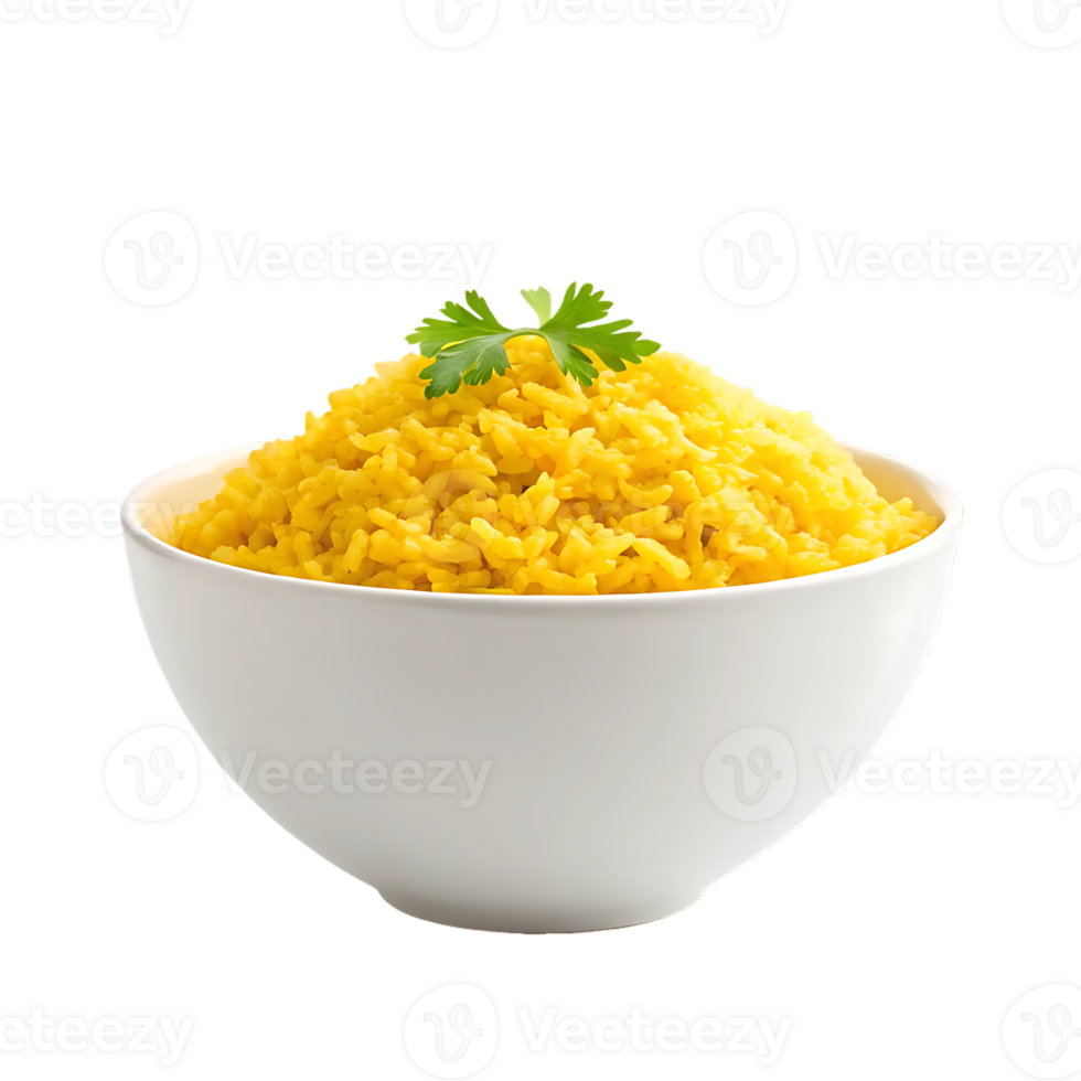 Delicious yellow rice in a white bowl png