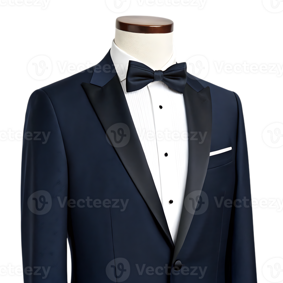 Navy blue tuxedo with black bow tie and white shirt. png