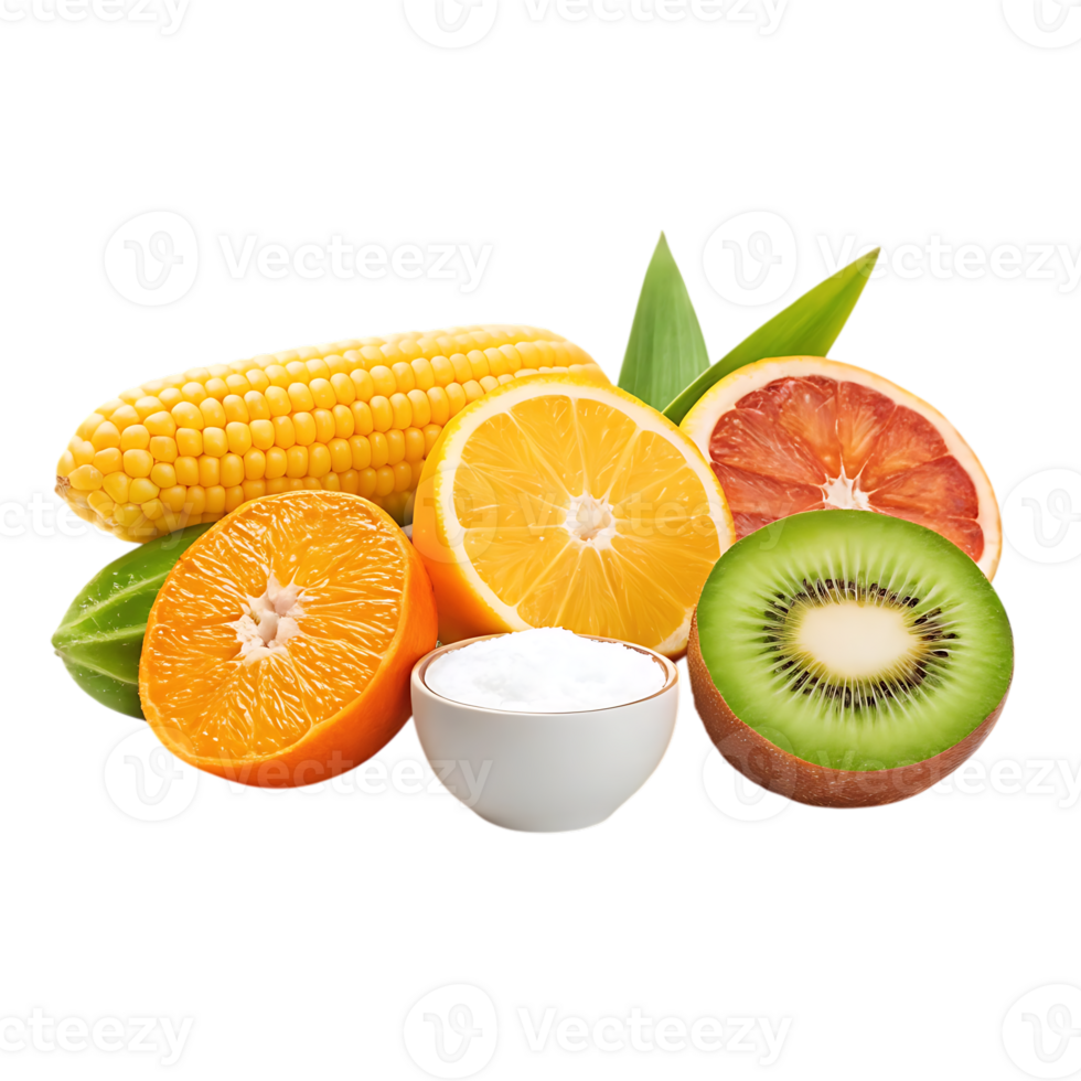 Fresh fruits, corn, and yogurt. Healthy eating concept. png