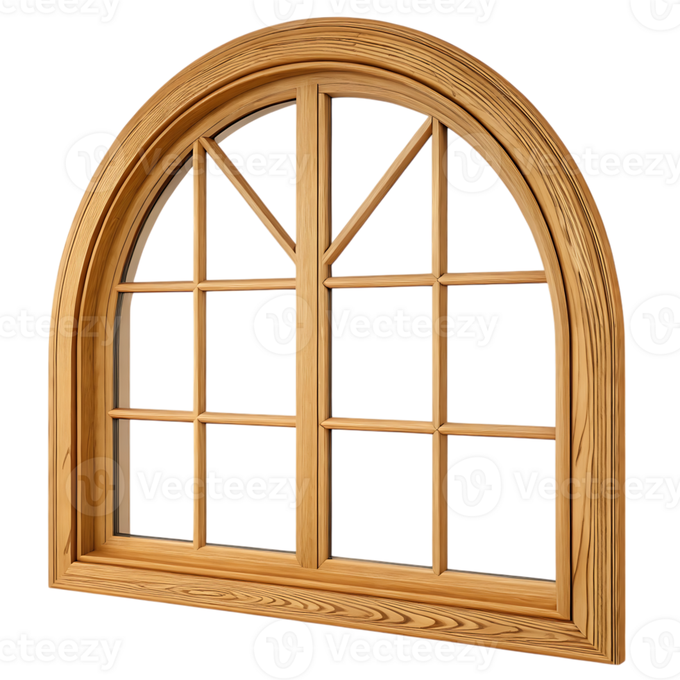 Elegant arched wooden window with multiple panes png