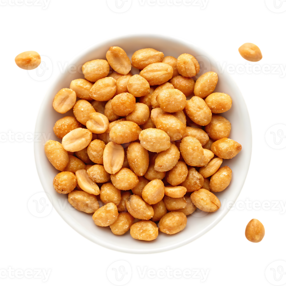 Roasted peanuts in a bowl, overhead shot. png