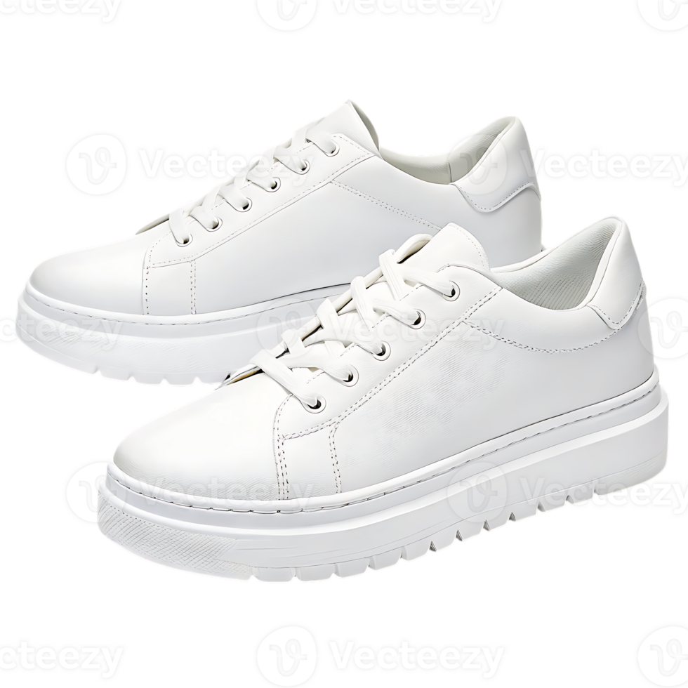 Pair of stylish white leather sneakers. png