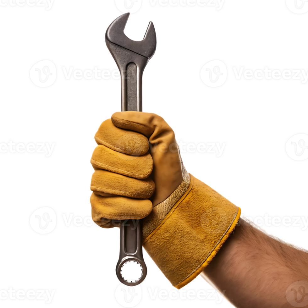 Hand in work glove holding a wrench. png