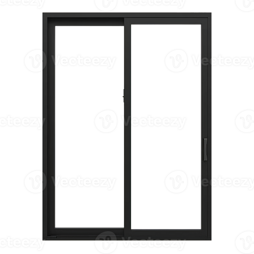 A black sliding glass door with a black frame png